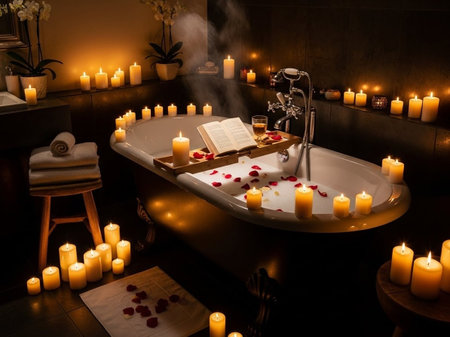 A serene bathroom setup with a bathtub surrounded by candles and rose petals