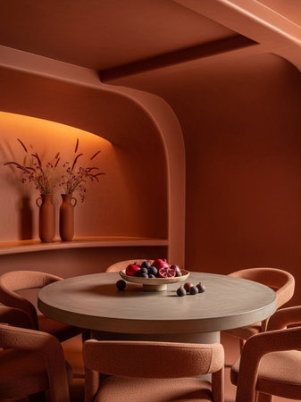 A modern dining room with a round table and chairs in a warm terracotta color schemeの写真素材