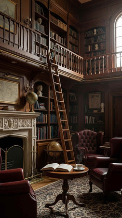 A cozy library with a ladder leading to a mezzanine level of bookshelves