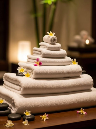 A serene spa setup with neatly stacked towels and flowers