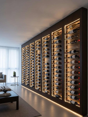 A modern wine cellar with a large collection of wine bottles