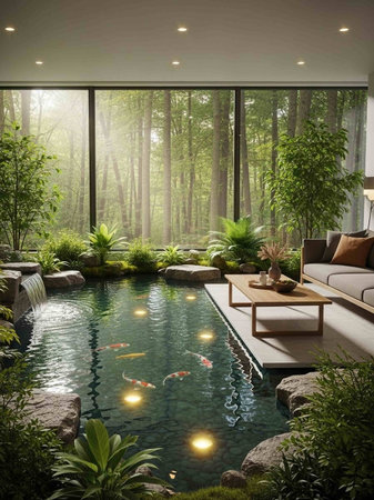 A serene indoor pool surrounded by lush greenery and modern furniture