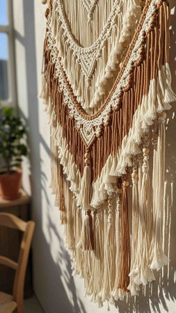 A macrame wall hanging in a bright room with a chair and plant