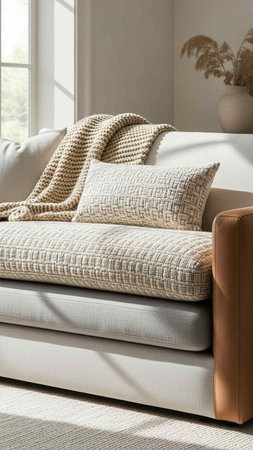 A cozy living room with a comfortable couch and natural light
