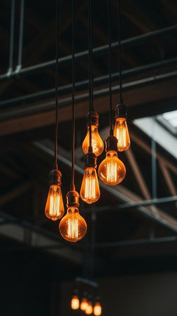 A group of vintage light bulbs hanging from the ceiling in a dark room