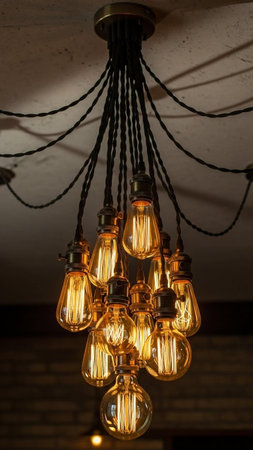 A stylish chandelier with multiple light bulbs hanging from the ceiling