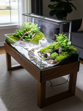 A beautifully designed indoor terrarium on a wooden table in a cozy living room