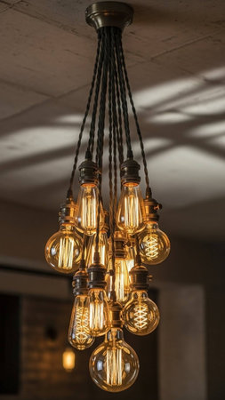 A stylish chandelier with multiple light bulbs hanging from the ceiling