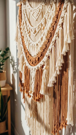 A beautiful macrame wall hanging in a modern room with natural light