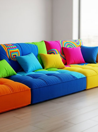 A vibrant and colorful couch with multicolored pillows in a modern living room