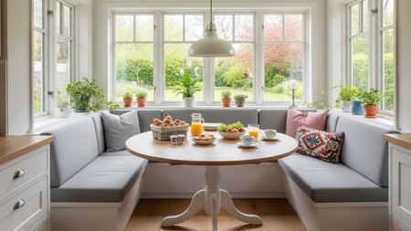 A bright and airy dining area with a round table and built-in banquette seatingの写真素材