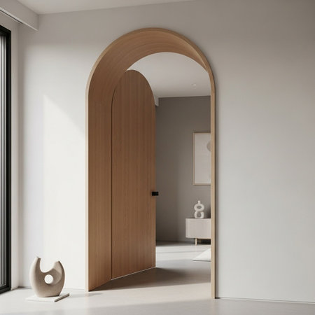 A modern interior design featuring a large wooden archway and minimalist decorの写真素材