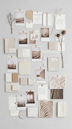 A creative workspace with various inspirational materials and photographyの写真素材