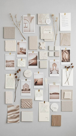 A collection of various design materials pinned to a gray wall