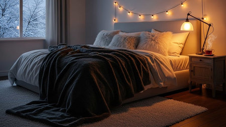 Comfortable double bed in the bedroom at night with garland lightsの写真素材