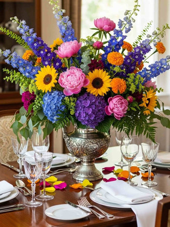 Beautiful bouquet of different flowers in a vase on the tableの写真素材