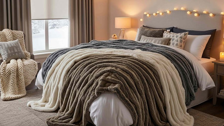 Luxury bedroom interior with warm knitted blankets and pillows