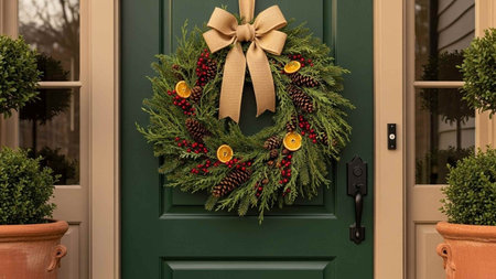 A festive Christmas wreath adorns a green front door with potted plants