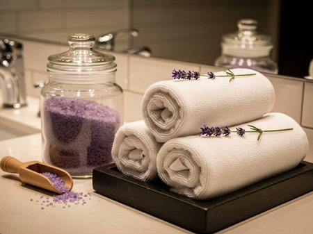 Spa and wellness setting with towels, lavender and sea saltの写真素材