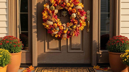 A beautifully decorated front door with a vibrant autumn wreath and potted plantsの写真素材