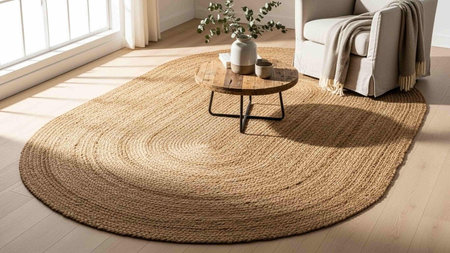 A cozy living room with a jute rug and modern furnitureの写真素材