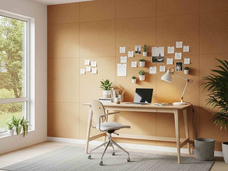 A modern home office with a desk, chair, and plants in a peaceful and serene environment