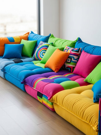 A colorful and vibrant couch with many pillows in a modern living room
