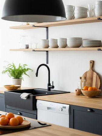 A modern kitchen with wooden countertops and black cabinets