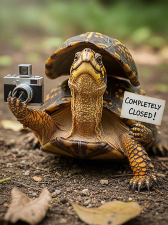A turtle holding a camera with a sign that says completely closedの写真素材