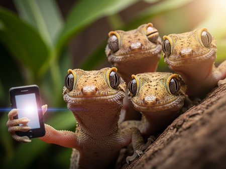 Four lizards taking a selfie with a smartphone in a natural settingの写真素材