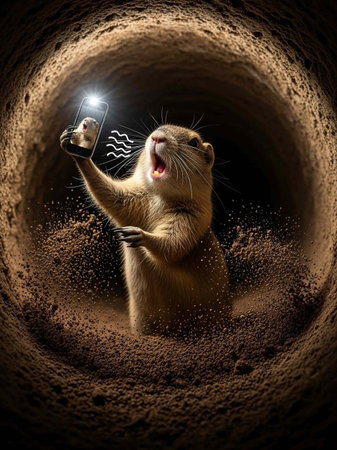 A curious rodent takes a selfie in a dark tunnel with its phoneの写真素材