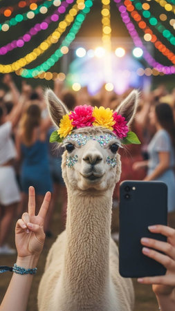 A llama wearing a flower crown takes a selfie at a vibrant partyの写真素材