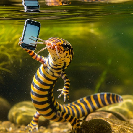 A tiger-striped salamander takes a selfie with a smartphone underwaterの写真素材