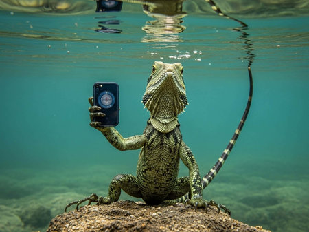 A bearded lizard sitting on a rock underwater holding a smartphoneの写真素材
