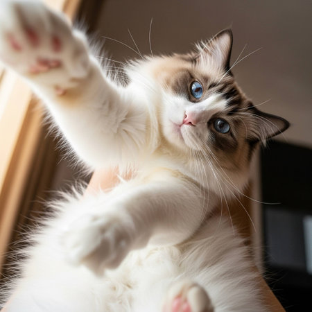 A curious cat stretching its paw in a cozy indoor settingの写真素材