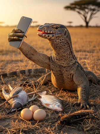 A Komodo dragon taking a selfie with food in a savannah at sunsetの写真素材