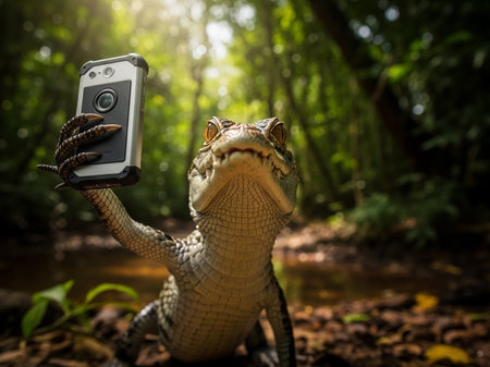 A crocodile takes a selfie in a forest with a smartphoneの写真素材