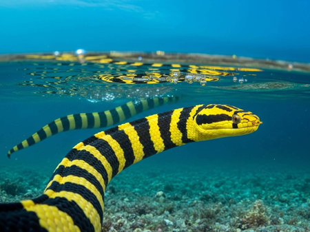 A yellow and black striped sea snake swims through clear blue ocean waterの写真素材