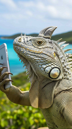 A large iguana taking a selfie with a smartphone in a natural outdoor settingの写真素材