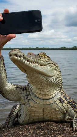 A crocodile taking a selfie with a smartphone by the waterの写真素材