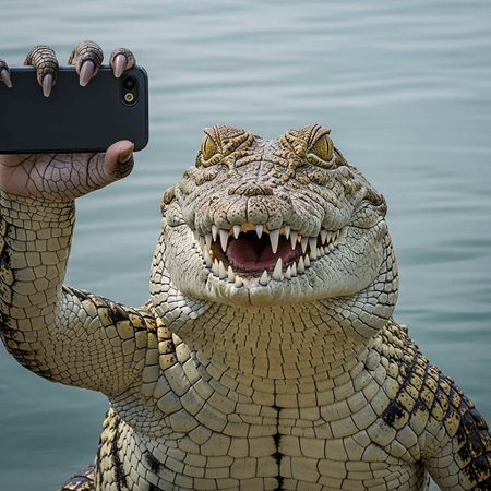 A crocodile taking a selfie with a smartphone by the waterの写真素材