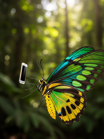 A colorful butterfly with a cell phone in a lush forest environmentの写真素材
