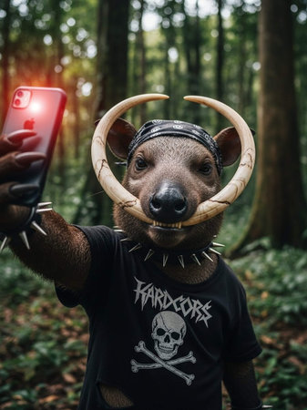 A warthog wearing a t-shirt takes a selfie in the forestの写真素材