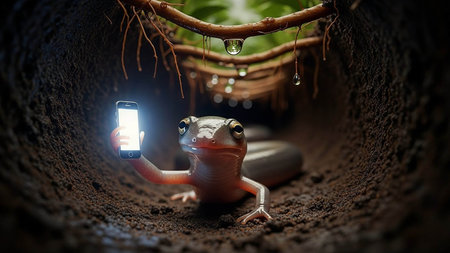 A small lizard takes a selfie with a smartphone in a dark tunnelの写真素材