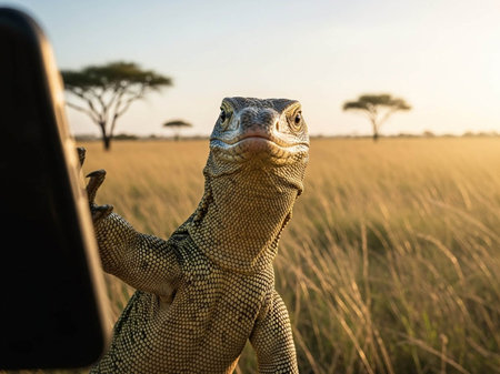 A large lizard stands in a savannah with trees in the backgroundの写真素材