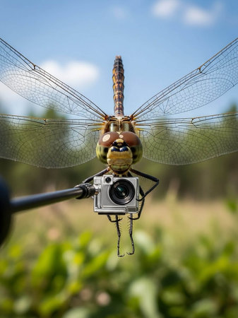 A dragonfly perches on a miniature camera in a lush green fieldの写真素材