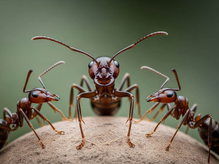 A close-up view of ants standing on a rock outdoorsの写真素材