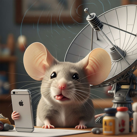A curious mouse holds a smartphone next to a satellite dish on a deskの写真素材