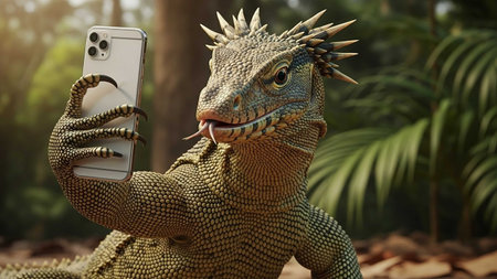 A large lizard taking a selfie in a lush green forest environmentの写真素材