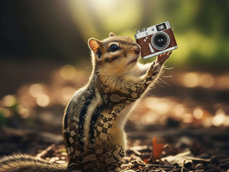 A chipmunk holding a vintage camera in a forest settingの写真素材